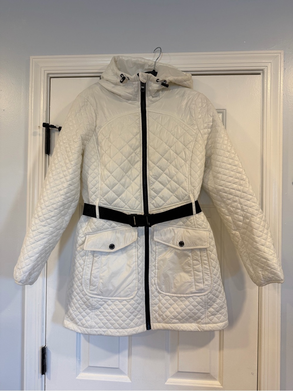 Michael Kors White Quilted Hooded Belted Puffer Coat Small